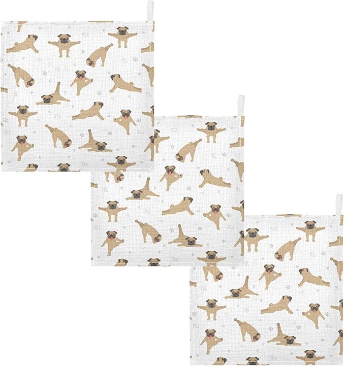 vvfelixl Baby Cotton Washcloths Pug Dog Infants Bath Towel for Unisex Face Towels for Newborn, Natural Baby Wipes Delicate Skin, 11.8 X 11.8 inch, one sizex3