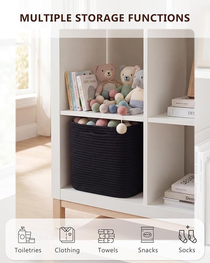 Cube Storage Bin 11" x 10.5" x 10.5" Cotton Rope Basket Square Woven Storage Basket for Shelves, Closet Organizer, Soft Towel Sock Basket, Black, 2 Pack