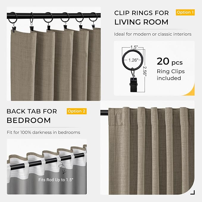 INOVADAY 100% Blackout Curtains for Bedroom, Black Out Curtains 84 Inch Long, Clip Rings Linen Blackout Drapes, Thermal Insulated Room Darkening for Living Room, 2 Panels - Fauxlinen,W50xL84