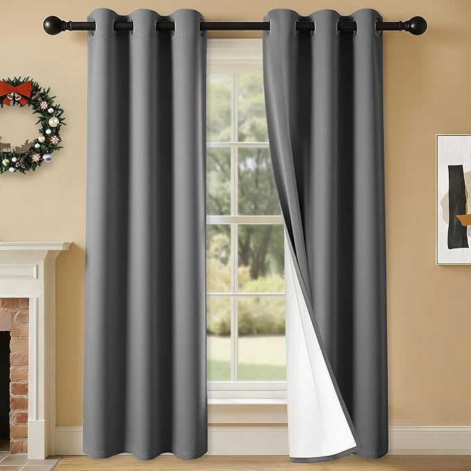 100% Blackout Curtains 72 Inch Length for Bedroom Living Room, Grommet Thermal Insulated Room Darkening Drapes, Light Blocking Window Treatment Decor, 2 Panels, 37x72, Charcoal Grey