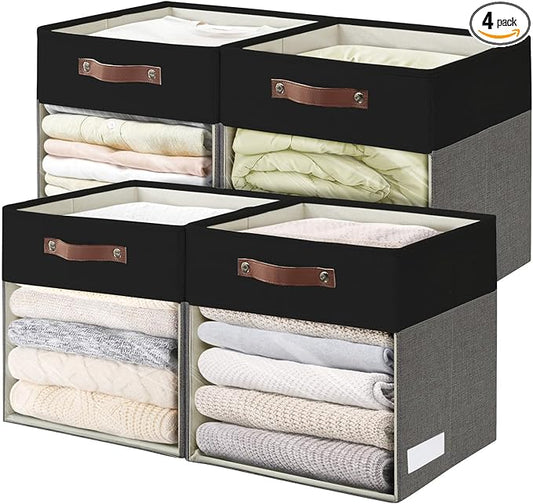 Storage Cubes, 4 Pack Linen Foldable Storage Bins (13 x 13 inch) with Clear Window and Handles, Fabric Organizer for Shelf Closet, Clothes, Books - (Gray and Black)