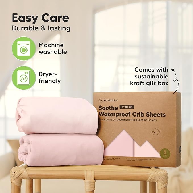 2-Pack Waterproof Crib Sheets for Boys, Girls - 52x28 Fitted Organic Cotton Baby Crib Sheets, Toddler Mattress Protector Cover, Washable, Soft & Durable Baby Bedding Essentials (Mist Rose)