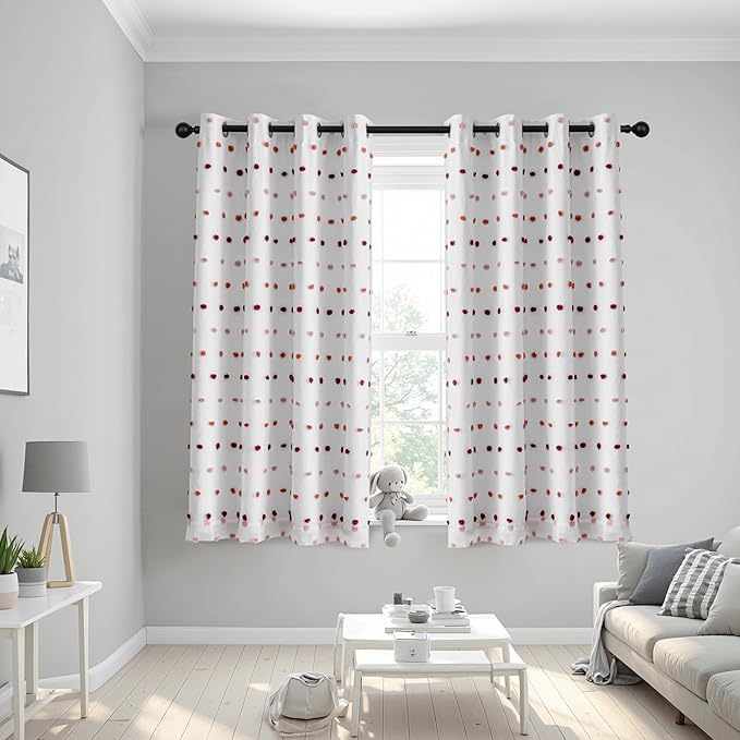 MEETSKY Kids Blackout Curtains for Girls Bedroom 63 Inches Long Colorful Red White Pom Pom Curtains for Nursery Room 2 Panels Small Window Curtains with 2 Layered Room Darkening Grommet,52 x 63 Inch