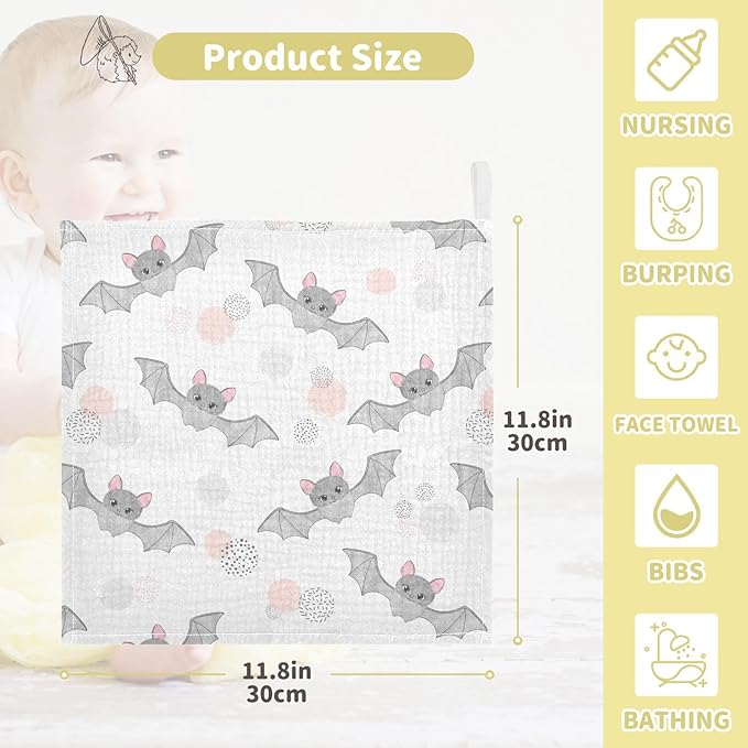 vvfelixl Baby Muslin Washcloths Cute Watercolor Flying Bats Baby Burp Cloths Cotton Baby Face Towel for Newborn Infants Boys Girls Soft and Absorbent 11.8 X 11.8 in, 3 Pack White