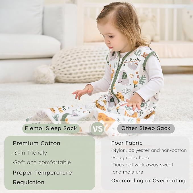 FIEMOL Baby Sleep Sack 6-12 months, 100% Cotton Sleeping Sack for Newborn and Infant, 3 Pack Baby Wearable Blanket for Boy and Girl, 0.5 Tog Lightweight Double Zipper Sleep Bag Green Brown Giraffe