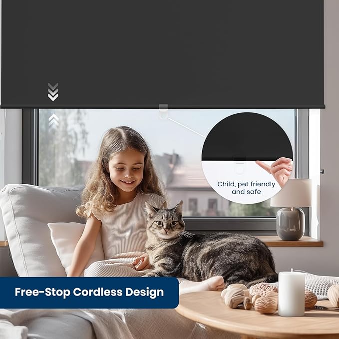 100% Blackout Roller Shades Cordless Blinds for Indoor Windows,Free-Stop Window Shades Pull Down,Thermal Insulated Fabric UV Protection,Blackout Window Guard Blinds for Home,Office,Black,70" W x 72" H
