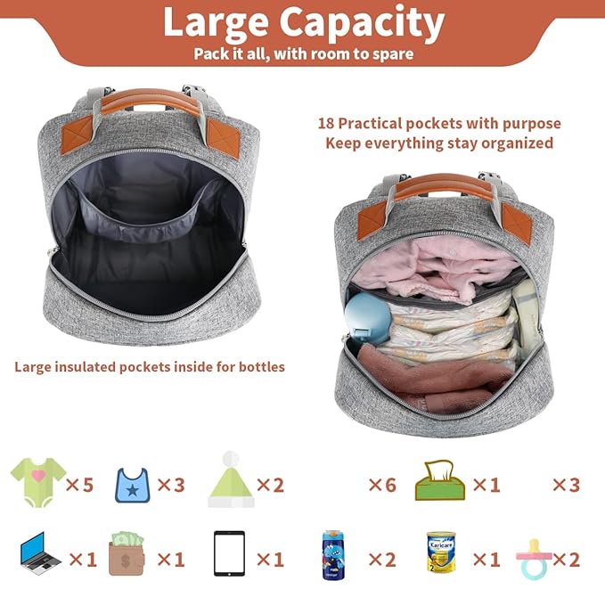 Diaper Bag Backpack, Large Baby Nappy Bags with Portable Changing Pad for Boys and GirlsMultifunction Travel Baby Bag for Moms Dads, Shower Gifts Waterproof and Stylish，Grey