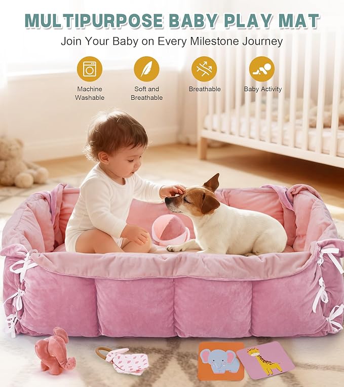 5-in-1 Baby Play Gym and Tummy Time Mat, Tummy Time Pillow & 12 Learning Cards, Plush Activity Mat with 6 Toys, Baby Gym, Convertible to Ball Pit, Baby Gift, Light Pink