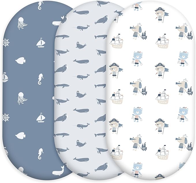 Bassinet Fitted Sheets, 3 Pack Baby Boy and Girl, Soft Breathable Stretchy Baby Pad/Mattress Sheet Set, Universal Fit for Hourglass Oval and Rectangle Bassinet Mattress（Blue Whale Ocean）