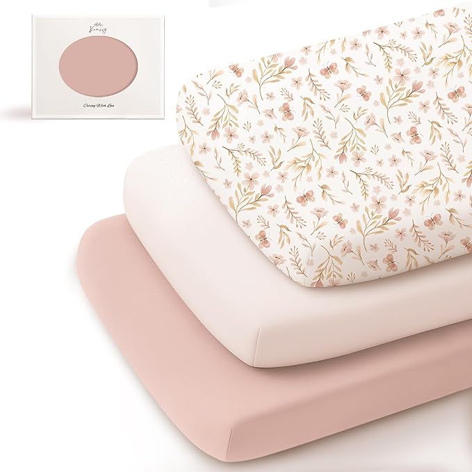 Konssy 3 Pack Stretchy Bassinet Sheets for Baby Girl Boy, Soft Breathable Baby Bassinet Mattress Sheets Fit for Hourglass Oval Cradle, Moses Basket Rectangle Mattress (Pink Spring)