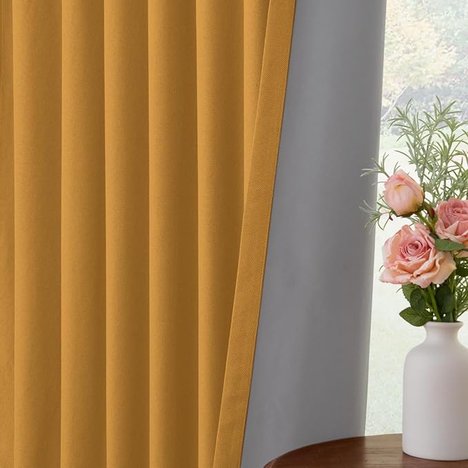 INOVADAY 100% Blackout Curtains for Bedroom, Black Out Curtains 84 Inch Long, Clip Rings Linen Blackout Drapes, Thermal Insulated Room Darkening for Living Room, 2 Panels - Mustard Yellow,W50xL84