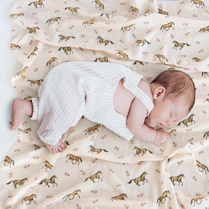 LifeTree Baby Swaddle Blankets, Muslin Swaddle Blankets Boys Girls Swaddling Wrap Receiving Blanket for Newborn, 70% Viscose Bamboo and 30% Cotton, Large 47" x 47", Horse Pattern