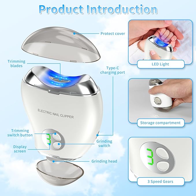 Automatic Electric Nail Clipper, 2 in 1 Baby Nail Trimmer with LED Light & Storage Box, Rechargeable Portable Fingernail Cutter with 3 Speed Gears, Safe Nail File for Baby, Kids, Adults, Seniors