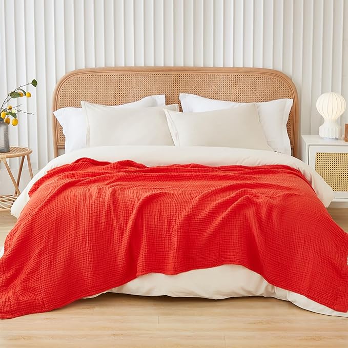 EMME Cotton Blanket Queen Size for Bed Soft Large Muslin Bed Blankets 90"x90" Lightweight Breathable All Season Gauze Blanket, Orange Rust