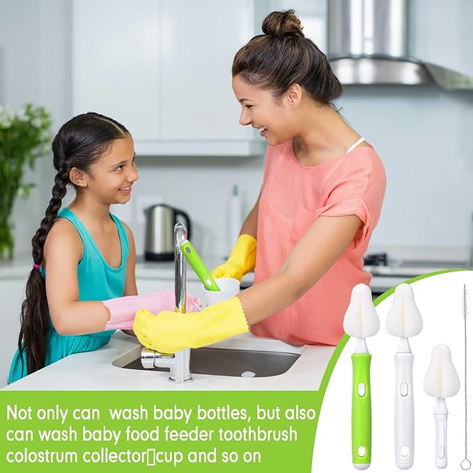 Willinglong 22 Pcs Sponge Bottle Nipple Brushes Set Including 12 Pcs Bottle Sponge Brush Heads 6 Interchangeable Nipple Brush Handles and 4 Long Straw Brushes for Baby Bottles (White and Green Handle)