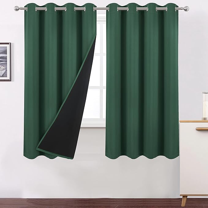 LEMOMO 100% Blackout Dark Green Curtains with Black Liner/52 x 63 Inch/Set of 2 Panels Thermal Insulated Room Darkening Curtains for Bedroom