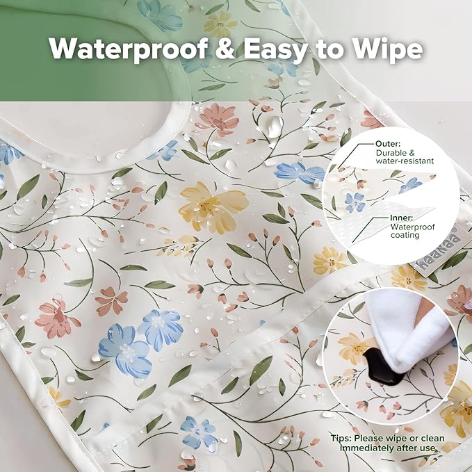 haakaa Waterproof Baby Bibs for Eating, Soft & Lightweight Toddler Bibs with Food Pocket, Easy Wipe Clean, Ages 6–24M, 2 Pack