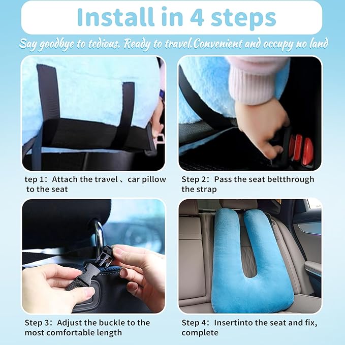 Travel Pillow, Car Pillow for Kids, Car Seat Pillow for Adults, Travel Pillow for Kids with Adjustable Strap, Support Head and Neck on Road Trips, Long Car Ride Essentials, Blue