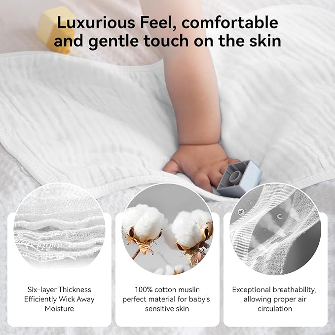 Synrroe Burp Cloths Large, Muslin Burp Cloths for Baby Girls and Boys, Pack of 10 Extra Absorbent and Soft Muslin, 6 Layers 20 by 10 Inches 100% Cotton (White 10 Pack)