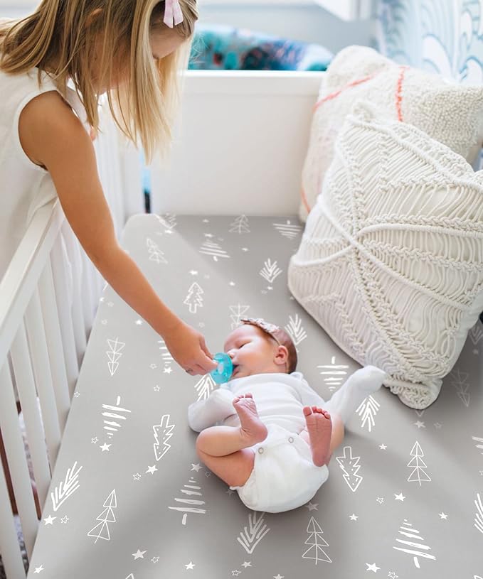 GRSSDER Stretchy Ultra Soft Jersey Knit Fitted Crib Sheets Set 2 Pack, Cozy Crib Sheet Fits All Standard Crib Mattress Pads, Christmas Trees and Arrows