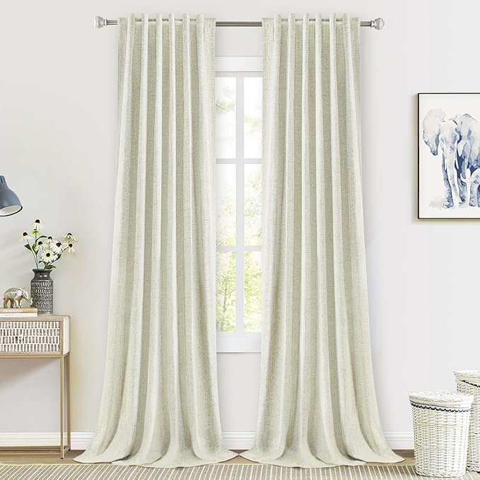 100% Blackout Cream Linen Curtains for Living Room - Back Tab Thermal Insulated Farmhouse Drapes Room Darkening for Bedroom, Natural 90 Inch Length 2 Panels Set
