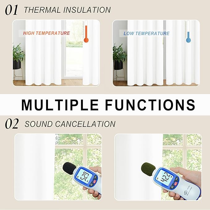 XWZO 100% Blackout Curtain Panels - Rod Pocket & Back Tab Thermal Insulated Black Liner Curtains, Noise Reducing and Heat Blocking Drapes for Hall and Studio with Tiebacks, Ivory, W52 x L95, Set of 2