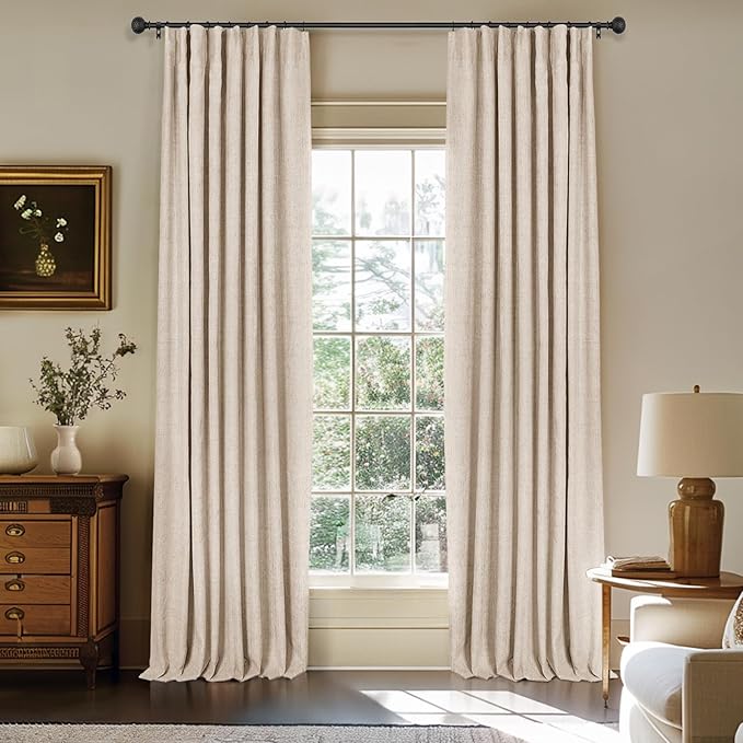 INOVADAY 100% Blackout Curtains for Bedroom, Black Out Curtains 80 Inch Long, Clip Rings Linen Blackout Drapes, Thermal Insulated Room Darkening for Living Room, 2 Panels - Oatmeal,W50xL80