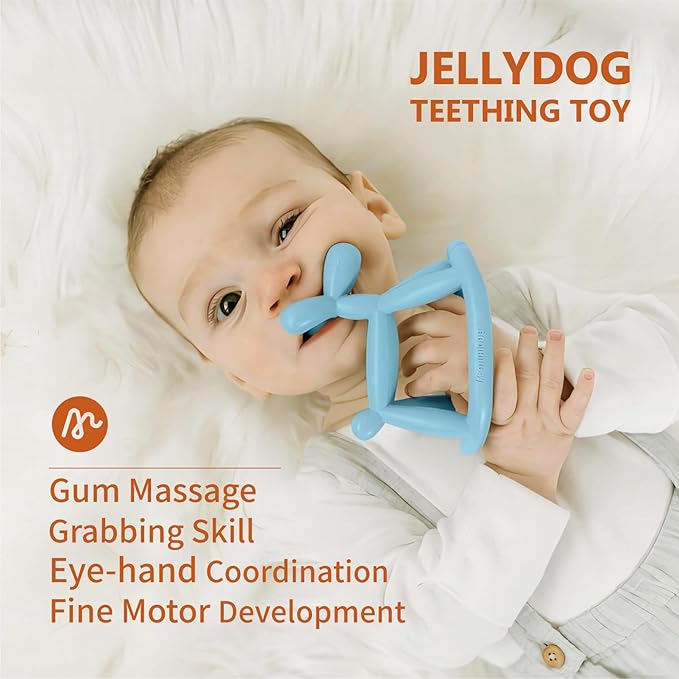 Teething Toys for Babies 6-12 Months, Jellydog Never Drop Food Grade Rocking Silicone Teether, Prevent Choking & Odorless Baby Teether, Less Dust and Hair Adhesion, Baby Gift, Light Yellow