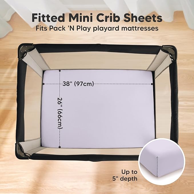 2 Pack and Play Sheets, Waterproof Mini Crib Sheets Fitted - 38x26 Organic Cotton Pack N Play Sheets for Graco Pack and Play Mattress, Playard Baby Crib Sheets, Neutral for Boy, Girl, Toddler (Lilac)