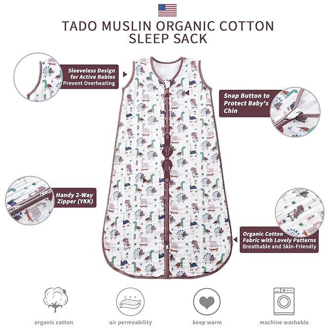 TADO MUSLIN Baby Sleep Sack 2-4 T Baby Wearable Blanket 100% Organic Cotton 0.5 TOG Toddler Sleep Sacks 2- Way Zipper Soft 4 Layers Muslin 2T 3T 4T Dinosaur