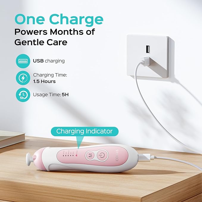 COSLUS Rechargeable Baby Nail File: Cordless Baby Nail Trimmer Electric with 5 Speeds & 6 Grinding Heads for Baby Kid, CPC Certified and Quiet Design - Safe for Sleep Trim Buffer, C52, Pink