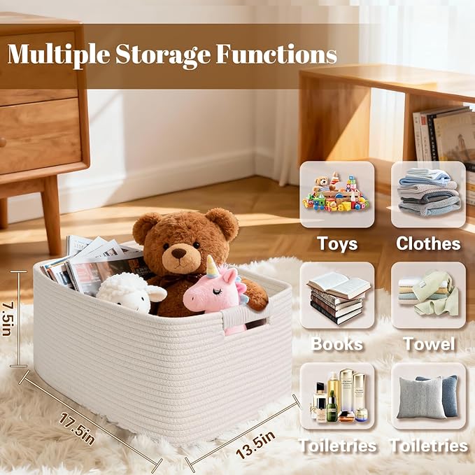 3 Pack Large Storage Basket for Organizing, 17.5"x13.5"x7.5" Woven Basket for Shelves, Closet Cube Storage Bins with Wrapped Handle, Cotton Rope Baskets for Kitchen, Clothes, Toys(Off White)