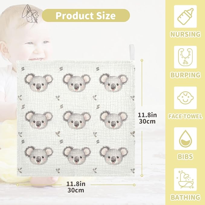 vvfelixl Baby Muslin Washcloths Cartoon Simple Koala Bear Baby Burp Cloths Cotton Babys Face Towel for Newborn Infants Boys Girls Soft and Absorbent 11.8 X 11.8 in, 3 Pack