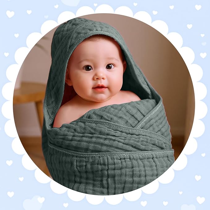 Peryiter 6 Pcs Muslin Hooded Baby Towels 32x32inch Cotton Newborn Bath Essentials Muslin Infant Blankets Absorbent Registry Baby Shower Present for Babies Girl Boy Kids (Green Series)