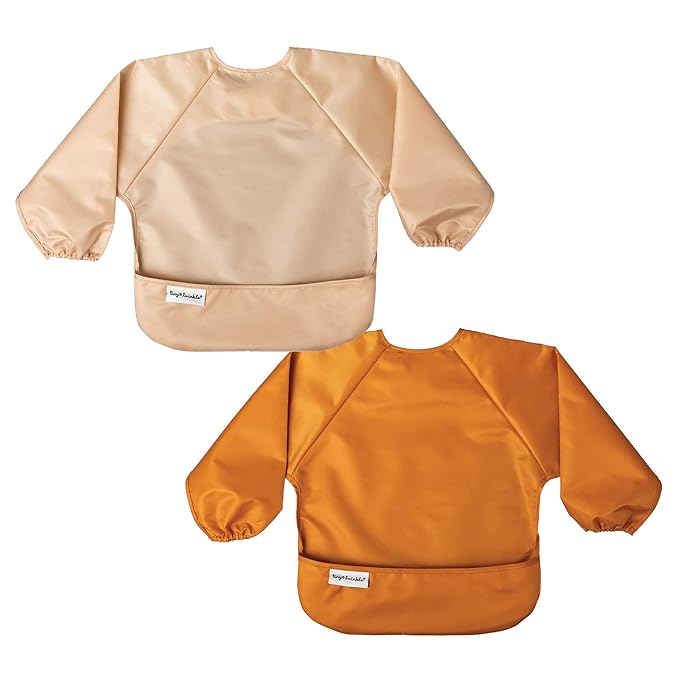 Tiny Twinkle Long Sleeve Bib for Babies & Toddlers | 2-Pack Waterproof Smock Bib for Eating | Machine Washable & Mess-Proof Feeding Essentials | Newborn Shower Gift (Sand Cinnamon,6–24M)
