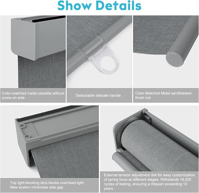 100% Blackout Roller Shades, Free-Stop Cordless Roller Blinds for Windows, Thermal Insulated Linen Fabric Window Shades UV Protection for Home, Door, Grey, 24" W x 72" H