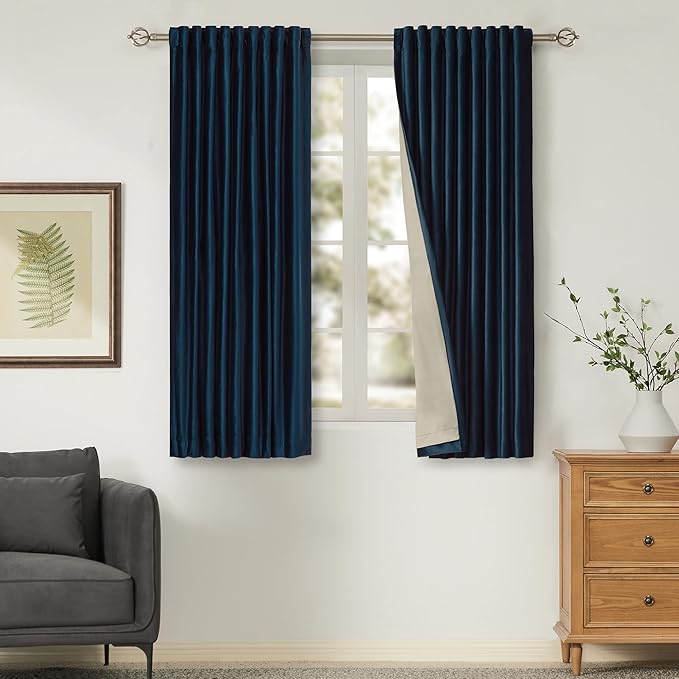 100% Full Blackout Navy Blue Velvet Curtains 63 inch Long for Living Room,Set of 2 Panels Liner Rod Pocket Back Tab Thermal Window Curtains Room Darkening Heavy Decorative Curtains Drapes for Bedroom
