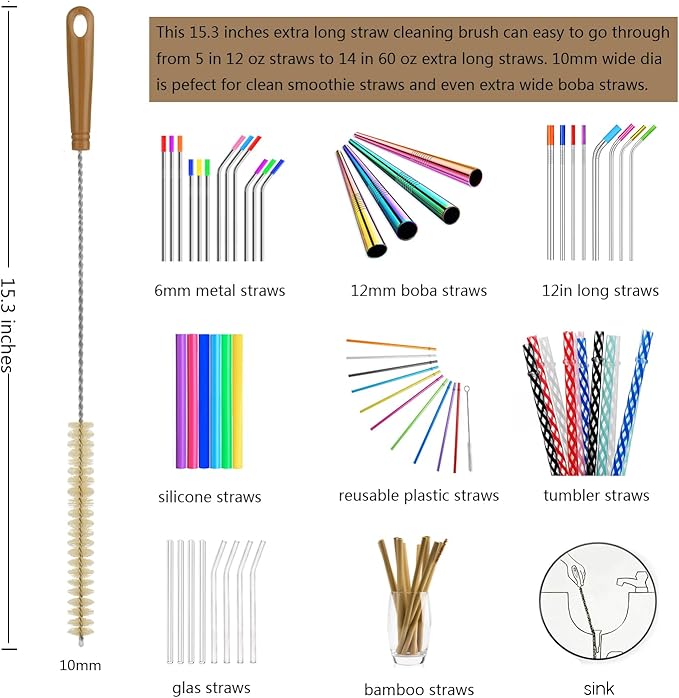 ALINK 5-Pack Bottle Brush Cleaner - Extra Long Bamboo Handle Water Bottle Straw Cleaning Brush for Washing Narrow Neck Beer Wine Decanter, Sports Bottle, Thermos, Flask, Jug