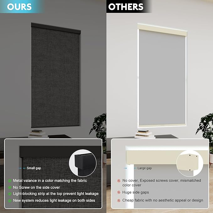 100% Blackout Roller Shades, Free-Stop Cordless Roller Blinds for Windows, Thermal Insulated Linen Fabric Window Shades UV Protection for Home, Door, Deep Grey, 62" W x 72" H