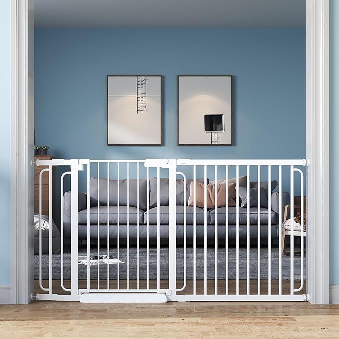 Extra Wide Baby Gate with Door 57.5-66 Inch Pressure Mounted, Auto Close Child Baby Gates for Doorways No Drill, Walk Through Dog Gate Indoor for The House, White