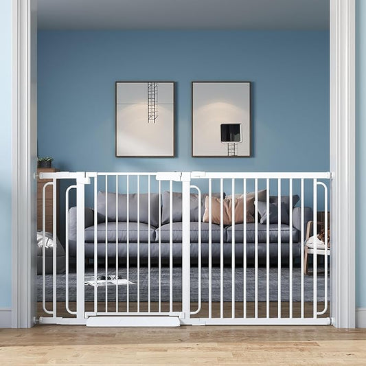 Extra Wide Baby Gate with Door 57.5-66 Inch Pressure Mounted, Auto Close Child Baby Gates for Doorways No Drill, Walk Through Dog Gate Indoor for The House, White