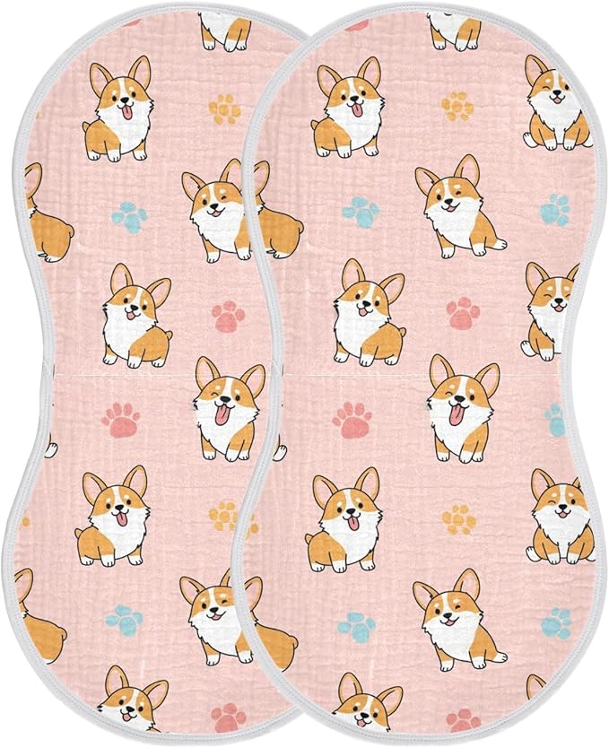 Qinllo 2 Pack Muslin Burp Cloths Cute Dogs Pink Cotton Baby Burp Cloths Ultra Soft Burping Cloth Absorbent Spit Up Rags for Baby Boys Girls 22x11 Inch