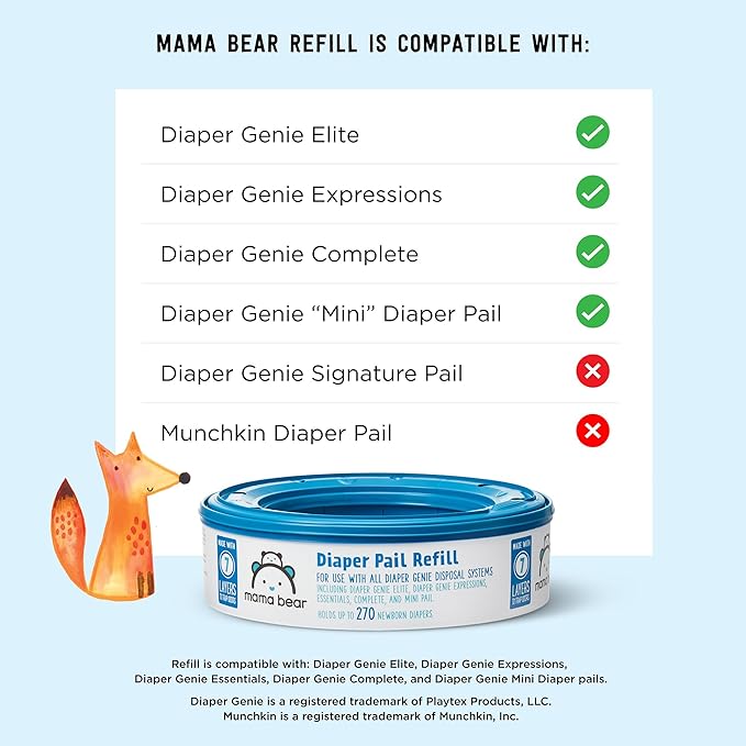Amazon Brand - Mama Bear Diaper Pail Refills for Genie Pails, Unscented, 2160 Count (8 Packs of 270)