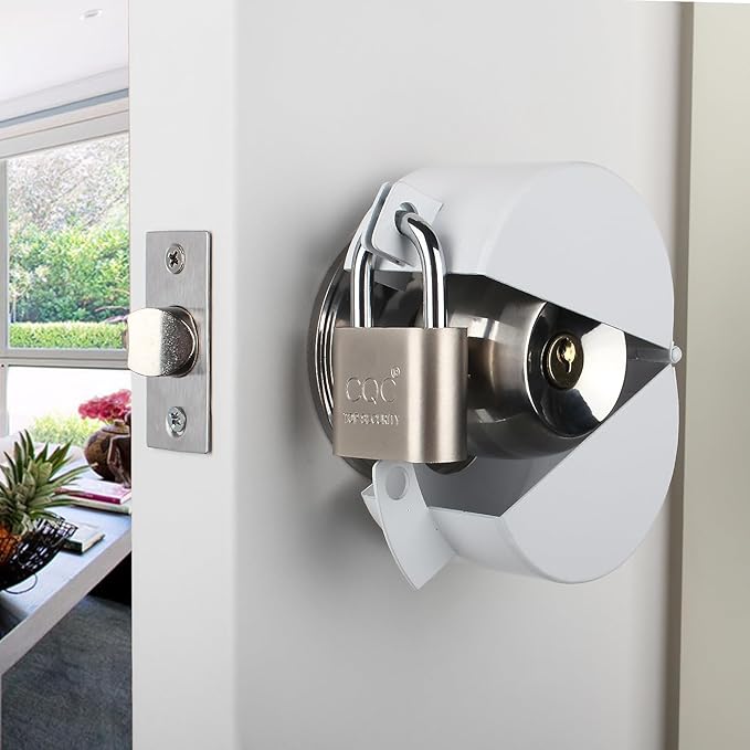 Door Knob Lockout Device with Padlock, Round Door Handle Security Lock, Prevents Turning of Door Knob and Access to Keyhole, White