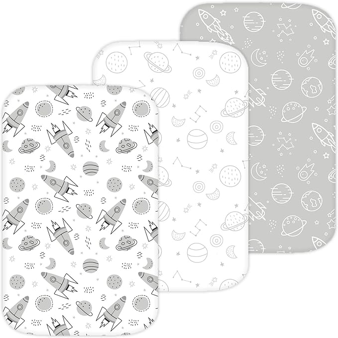 Bassinet Sheets for Mika Micky, Evolur, Larex, Taylengrow Baby, Newton Baby Bedside Sleeper by TansyPanda, 3PC, 33x20, Ultra Soft, Breathable, Snug Fit, Unisex Boys, Girls, Gray White (Space Rockets)
