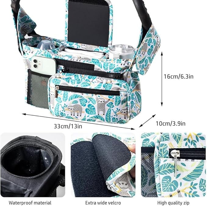 Baby Stroller Organizer, Universal Stroller Organizer with Detachable Phone Bag, Stroller Caddy with 2 Insulated Cup Holders, Buggy Organizer Bag with 2 Hooks Fits Most Strollers (Sloth)