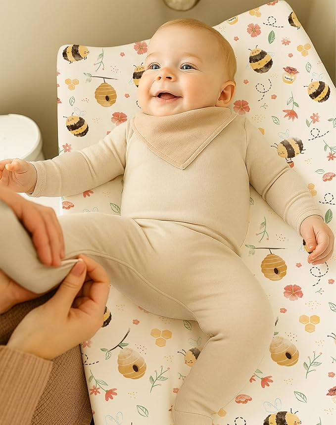 Changing Pad Cover for Baby Boys Girls 2 Pack, Fits Standard 32”×16” Changing Table Pads, Silky Breathable Stretch Knit, Machine Washable (Bee Happy)