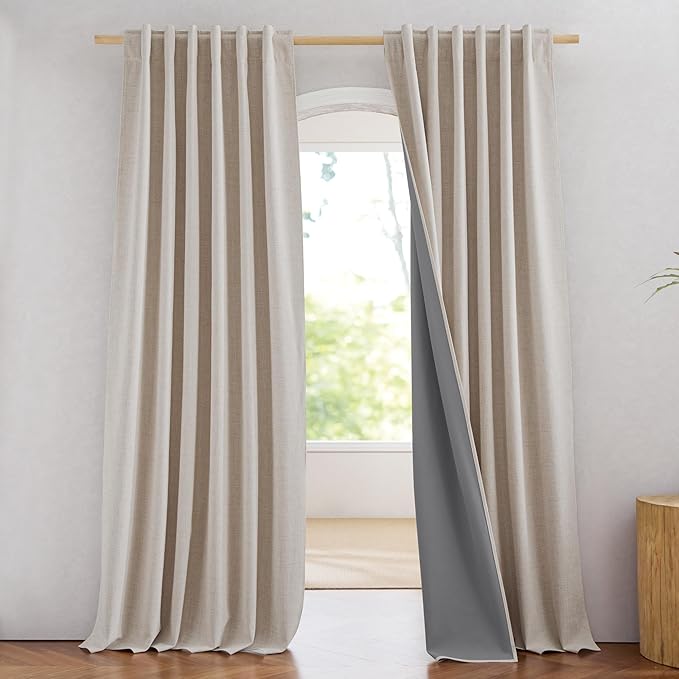 NICETOWN Linen Blackout Curtains for Bedroom, W52 x L92 Inch, Set of 2, Natural, Thick Insulated Draperies with Gray Liner, Rod Pocket & Back Tab Window Draperies for Cottage Bedroom, Dining Room