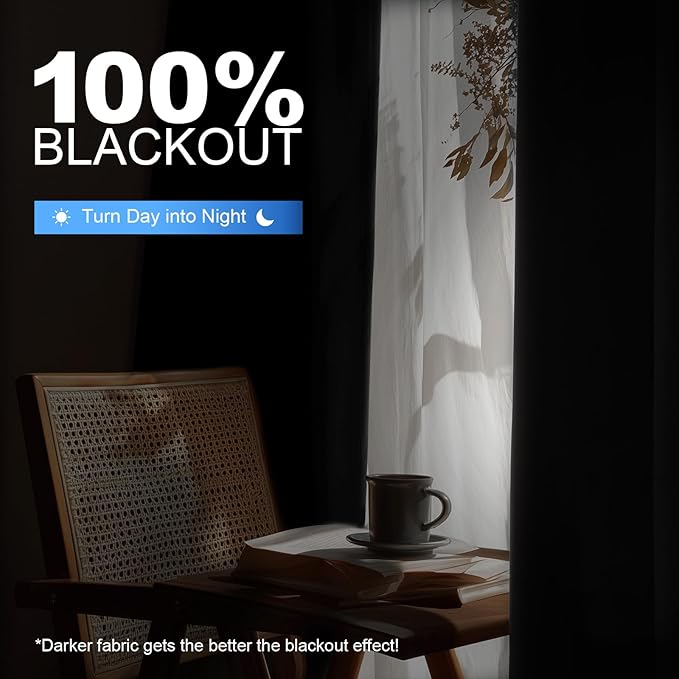 Linen 100% Blackout Curtains for Bedroom, Black Out Curtains 45 Inch Long, Room Darkening Curtains for Living Room, Long Curtain Grommets Drapes, Thermal Curtains(2 Panels, Black)