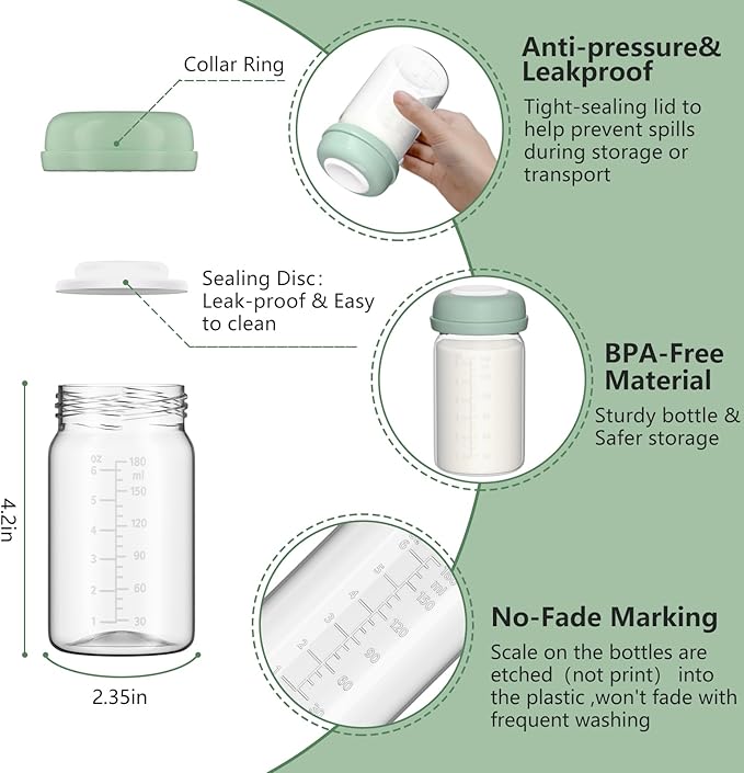 Breastmilk Storage Bottles Collection Bottles, 6oz Wide-Neck Breast Milk Container Compatible for Spectra S1 S2 SG Motif Luna Breast Pumps, Fit for Momcozy Breast Milk Cooler & Fridge, 4 Packs